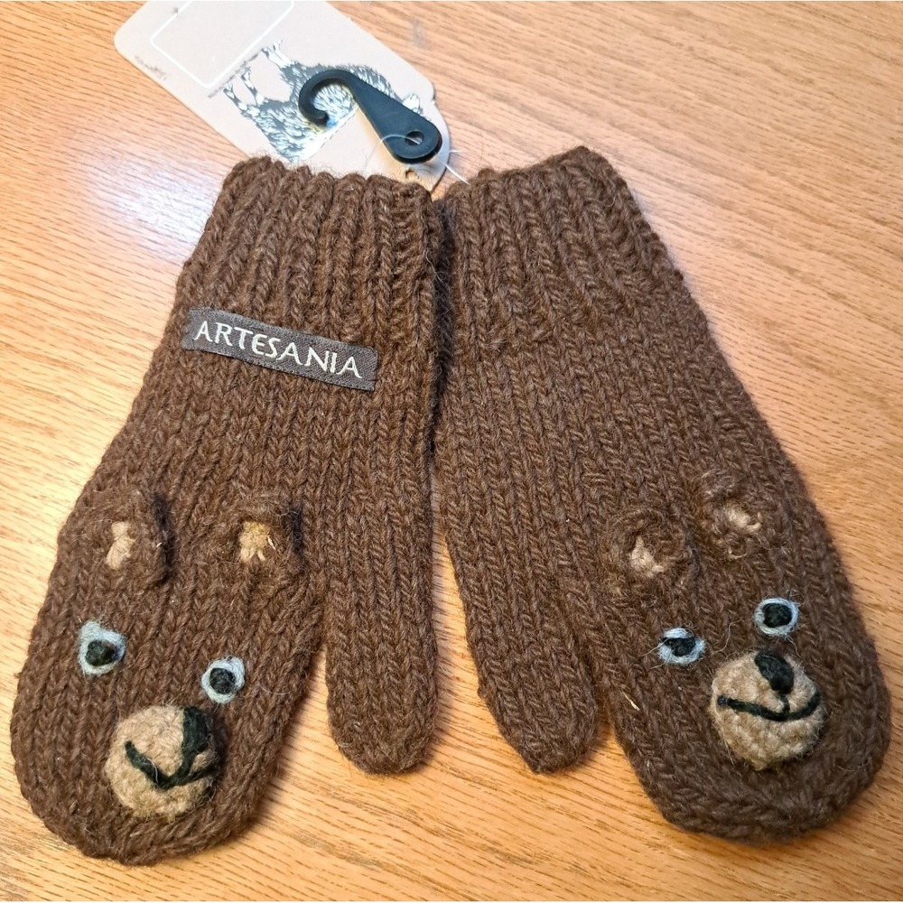 Artesania Kids 3T Brown 100% Wool Knit Mittens Winter Warm Handcraft NWT